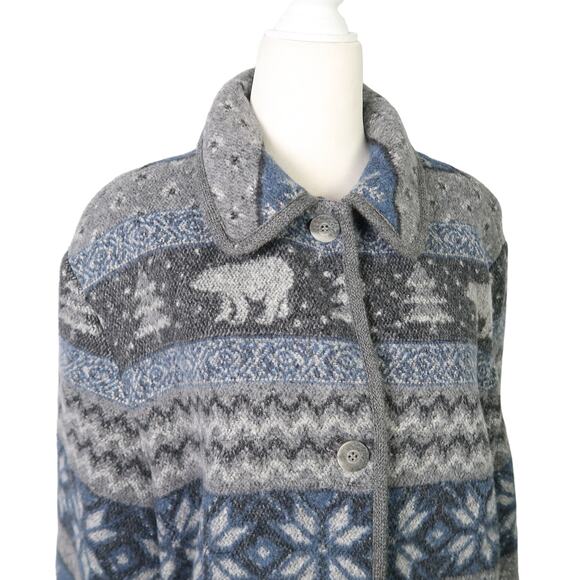 Vintage 90s David Brooks grey and blue polar bear snowflake blanket coat M - Picture 2 of 8